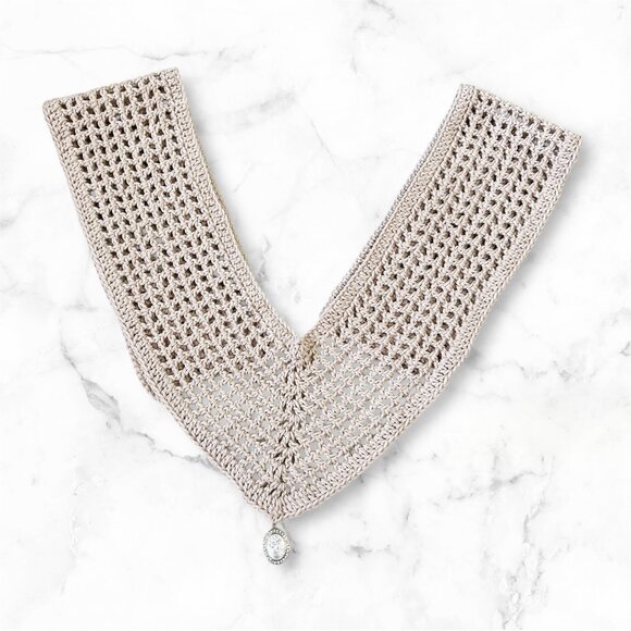 Crochet Shawl Scarf Triangle Beige Cotton Yarn with Pendant, Brand New Handmade - Picture 1 of 6